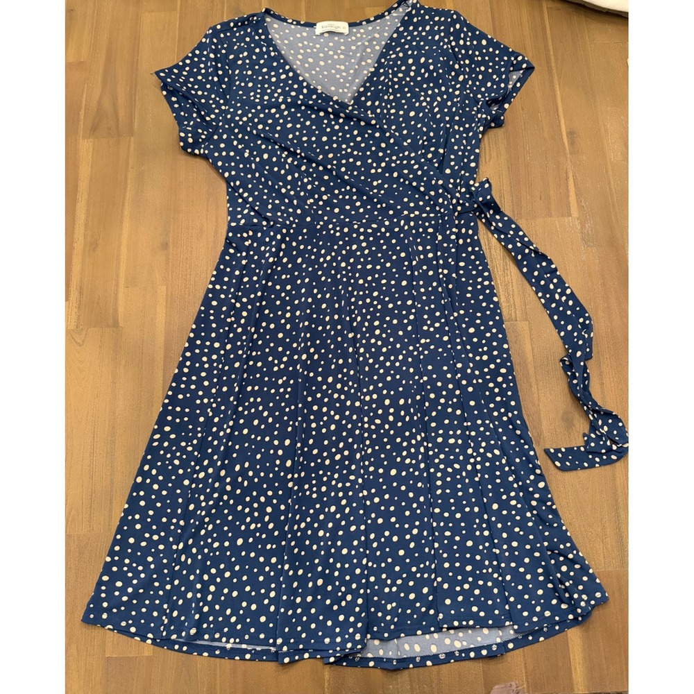 Navy Blue Polka Dot Faux Wrap Work Wear Office Dress Short Sleeve V-Neck Large